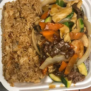 a meal in a styrofoam container