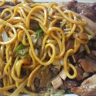 Bourbon chicken with lo men noodles