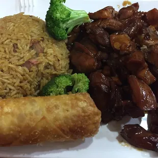 Bourbon chicken combo with pork fried rice and egg roll