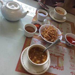 Hot Tea egg drop soup waiting for our lunch