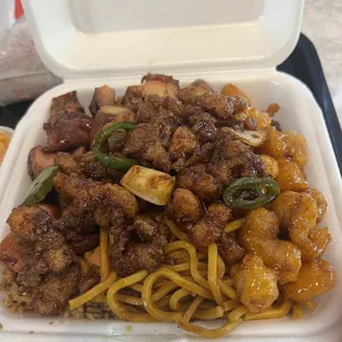 Bourbon Chicken, General Tso's Chicken, Spicy Chicken over half rice and half noodles.