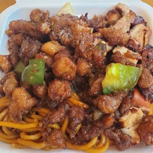 chicken and noodles in a styrofoam container