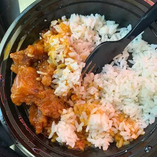 rice and meat in a bowl with a fork