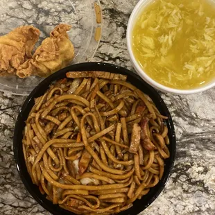 Roast Pork Lo Mein, Egg Drop Soup, Crab Rangoon