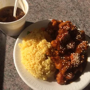 Sesame chicken, fried rice, hot and sour soup