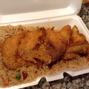Fried chicken wings with pork fried rice 8/10