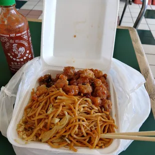 Sesame Chicken, fried rice/lo mein.