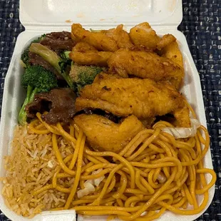 Two item combo, half and half, spicy fish and broccoli beef. They feel it so full that couldn't even close it.