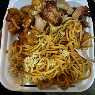 Orange chicken, teriyaki chicken, rice, and noodles