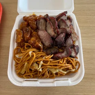 ChowMein, BBQ Pork, &amp; Orange chicken.