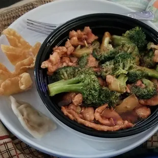 Chicken and broccoli, rangoons, and steamed dumplings.