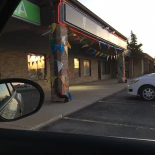 Flags lining the outside entrance way