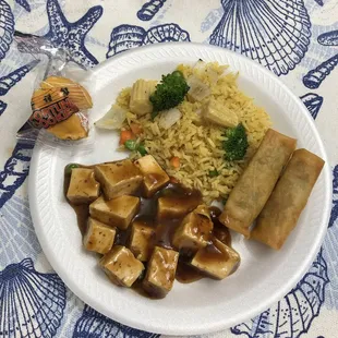 Ma Po Tofu, Spring Roll, vegetable fried rice.