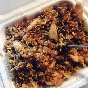 House (shrimp, chicken, beef) fried rice! It is delicious! Some of the best fried rice I have had in a L O N G time!