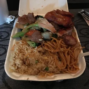 Rice and chow mein, beef &amp; broccoli, teriyaki chicken.