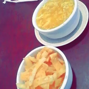 Side of egg drop soup w/crispy noodles (for lunch special; or your choice of two crab rangoon or an egg roll).