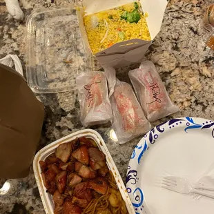 Bourbon Chicken and Shrimp Low Mein, Vegetable fried rice &amp; Shrimp Spring Rolls