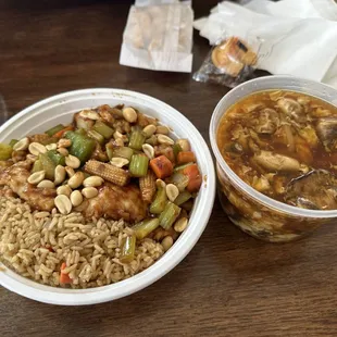 Kung pao chicken with fried rice and hot and sour soup