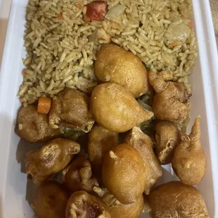 Sweet and Sour Pork (burnt and skimpy dinner portion)