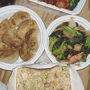 General Tso's Chicken, Fried Dumplings, Chinese Vegetables, Pork Fried Rice