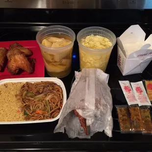 Large Wonton &amp;  Egg Drop Soup, Fried Chicken Wings, White Rice, and Shrimp Lomein Combo (1 egg roll, fried rice &amp; lomein)