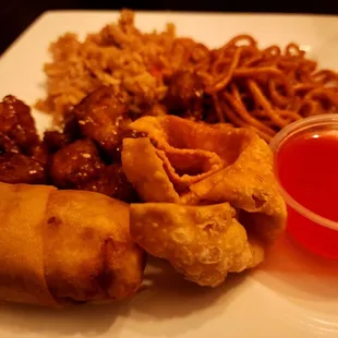 Egg Roll, Kung Pao Chicken, Fried Rice, Cream Cheese Wonton and Noodles.