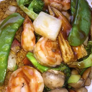 Shrimp w/veggies &amp; pork rice