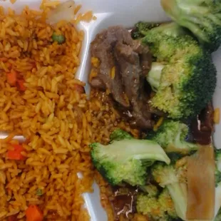 Rubber beef and undercooked rice and broccoli