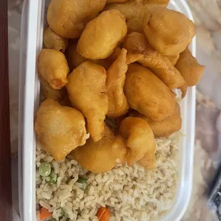 Sweet and sour chicken. Chicken wasn't bad. Rice, no flavor.