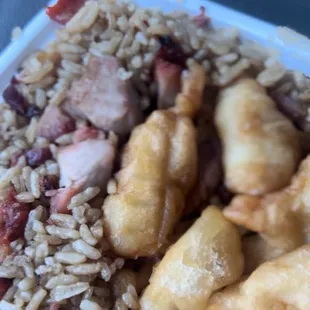 Sweet and sour chicken with pork fried rice.