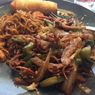 Hot and spicy beef on right and shrimp lo mein on left