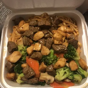 Steak and chicken hibachi, comes with salad and your choice of noodles or rice