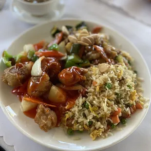 C4 special - Almond Chicken, Sweet &amp; Sour Pork, and Fried Rice