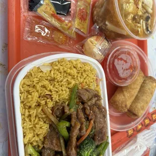 Hot &amp; Spicy beef 2 egg rolls and hot &amp; sour soup.