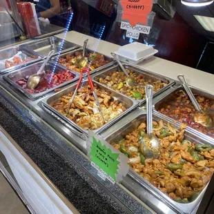 a buffet with many different types of food