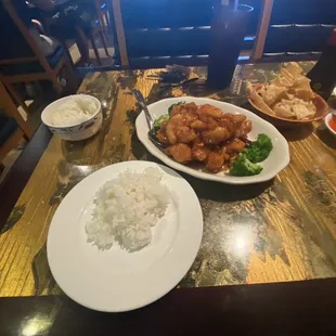 General Tso Chicken with white rice.