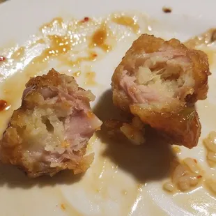 two pieces of food left on a plate