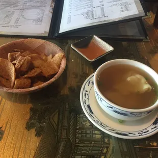 Opening appetizer and wonton soup.