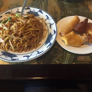Lo mein and appetizers.