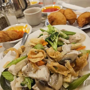 This is chicken Chow Mein. Garlic chicken and sauces. Egg rolls, Pork Dumplings. "Amazingly Good "