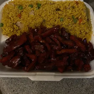 Boneless spare ribs and shrimp fried rice