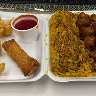 General Tso's chicken, pork fried rice and pork egg roll combo. Order of crab Rangoon(8 qty)