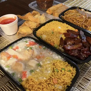 Shrimp with Lobster, Boneless spare ribs, Beef Lo mein, Cheese wontons, Hot and sour soup