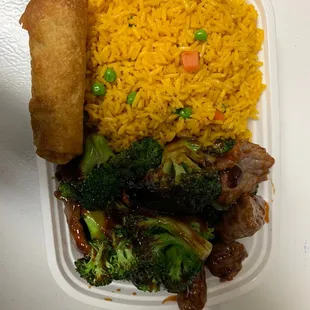 a meal in a styrofoam container