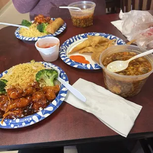 Orange chicken, cheese wontons, hot and sour soup, General Tso's Chicken
