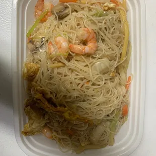 shrimp and noodles in a styrofoam container
