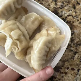 a person holding a container of dumplings