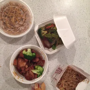 Pork fried rice, Plain Lo Mein, bourbon chicken &amp; veritable side