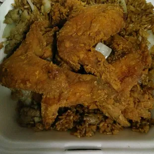 Fried chicken wings and beef fried rice. Rice was bland and under cooked.
