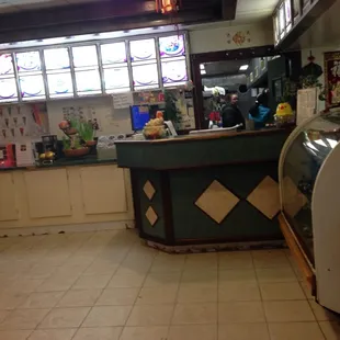 a view of a restaurant counter